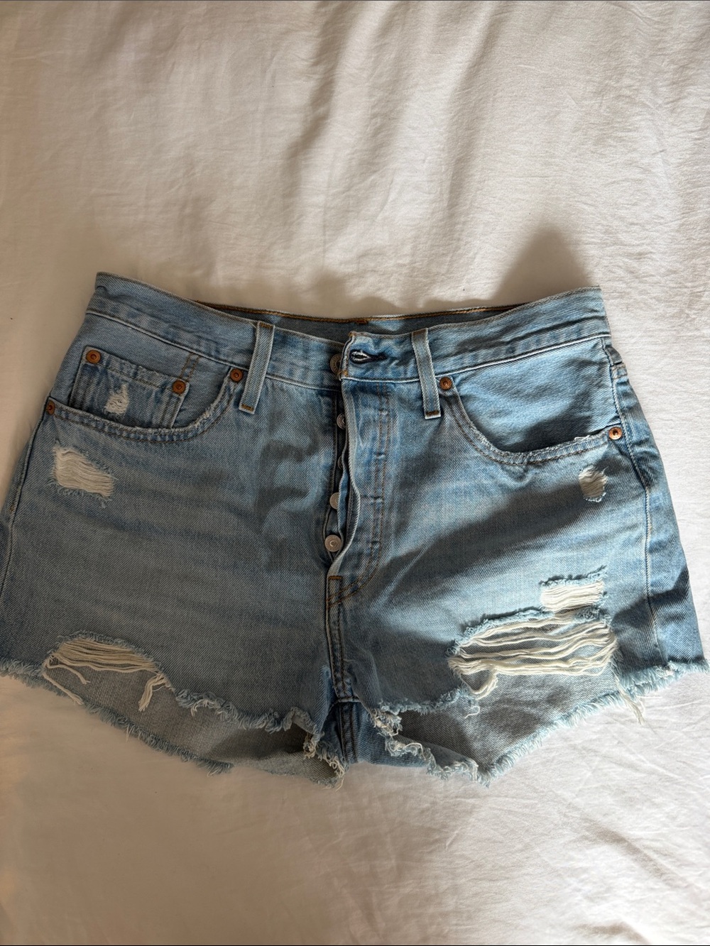 High-Rise Light Blue Distressed Denim Jean Shorts